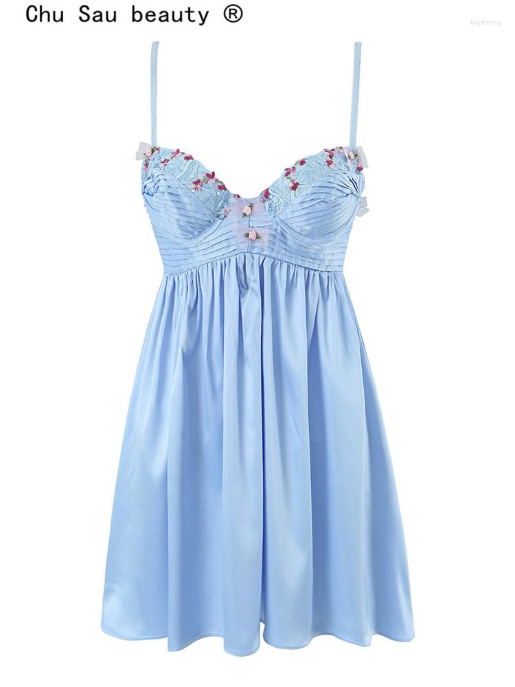 

Casual Dresses 2023 Spring Summer Fashion Women Folds Lace Edge Embroidery Back Hollow Loose Sexy Straps Short Mini Dress, Picture shown