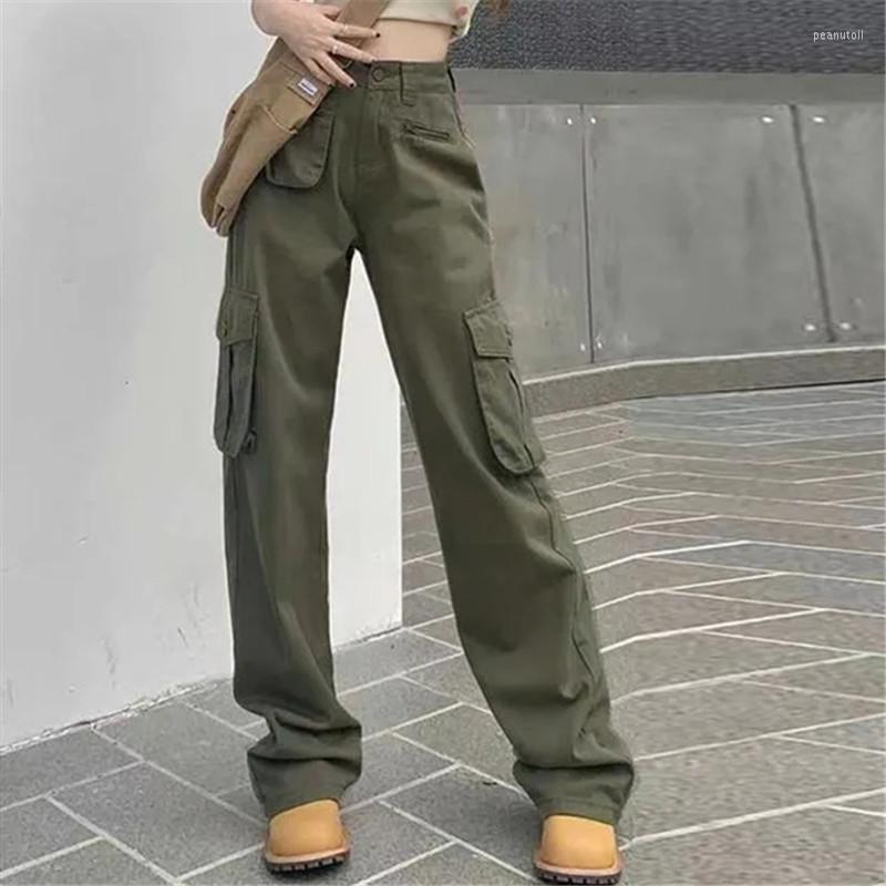 

Women's Jeans Women's Spring And Autumn Solid Color Tooling Straight Pants Button Multi-pocket Zipper Trousers Female Clothing ZM044, Black