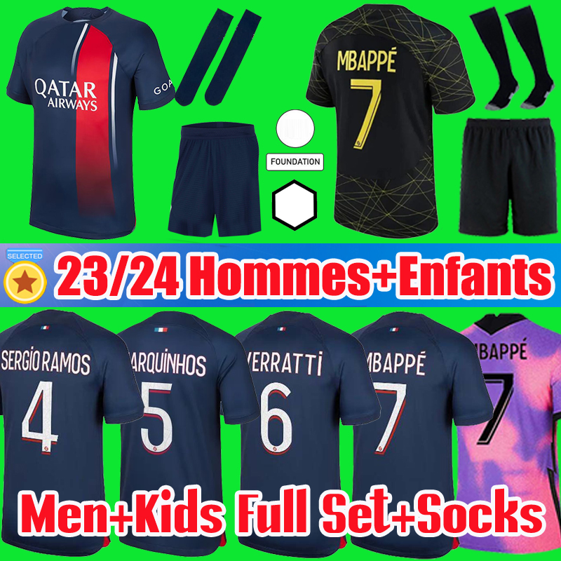 

MBAPPE HAKIMI #30 Soccer Jerseys Fourth 4th Black SERGIO RAMOS 23 24 Maillots de football 2023 2024 MARQUINHOS VERRATTI pSGS men kids kit shirt uniforms foot third 3rd, 20-21 fourth pink