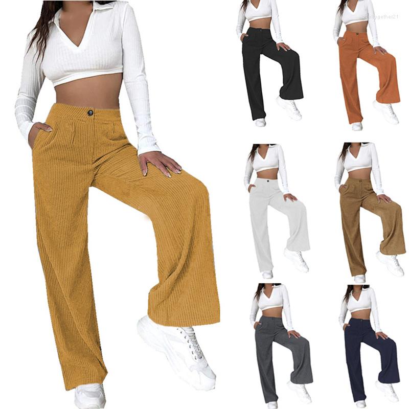 

Women' Pants Women' High Waist Casual Fashion Office Lady Solid Color Corduroy Pocket Buttons Loose Straight Trousers For Woman Black