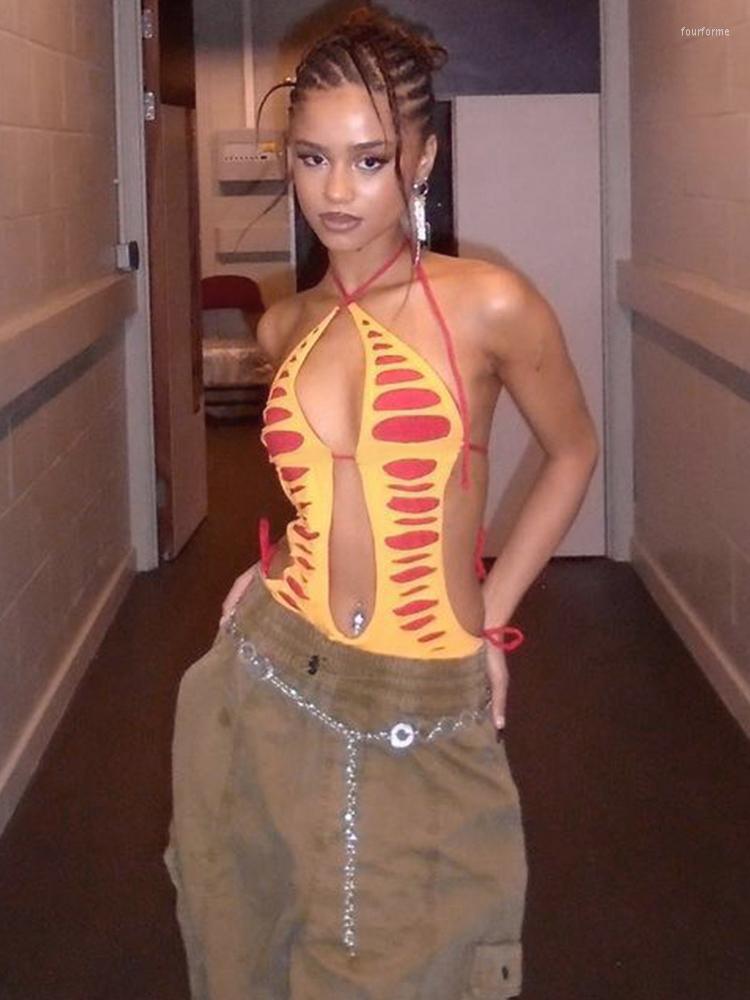 

Women' Tanks Whatiwear Women Sexy Halter Red Yellow Hanging Neck Hollow Short Sleeveless Backless Nightclub Style Streetwear Hip Hop Tops