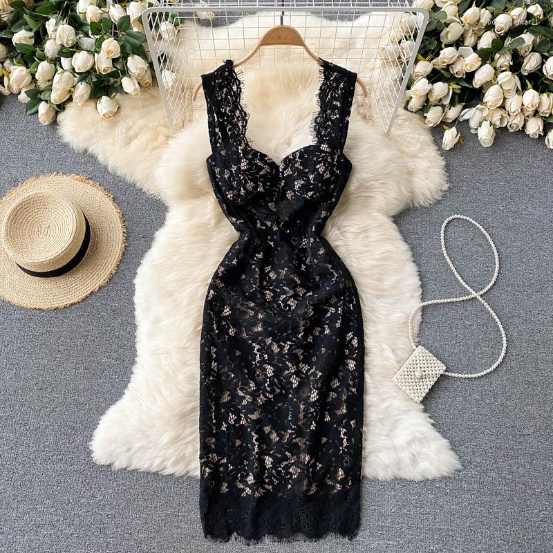 

Casual Dresses Sleevesless Slim Black Dress Female Korean Square Collar Mid-length Lace Summer Sexy Women Clothing Vestidos Zm3109