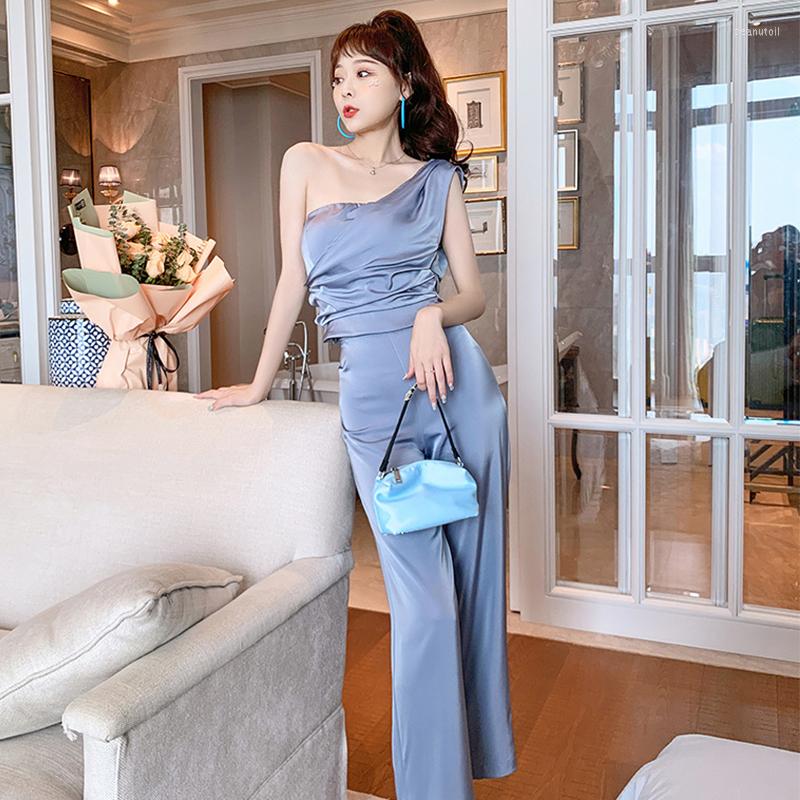 

Women' Two Piece Pants Chic Satin Elegant Women Vintage Party Club Sexy One-Shoulder Folds Short Tops Shirt Blouse Wide Leg 2 Pieces Set, Blue