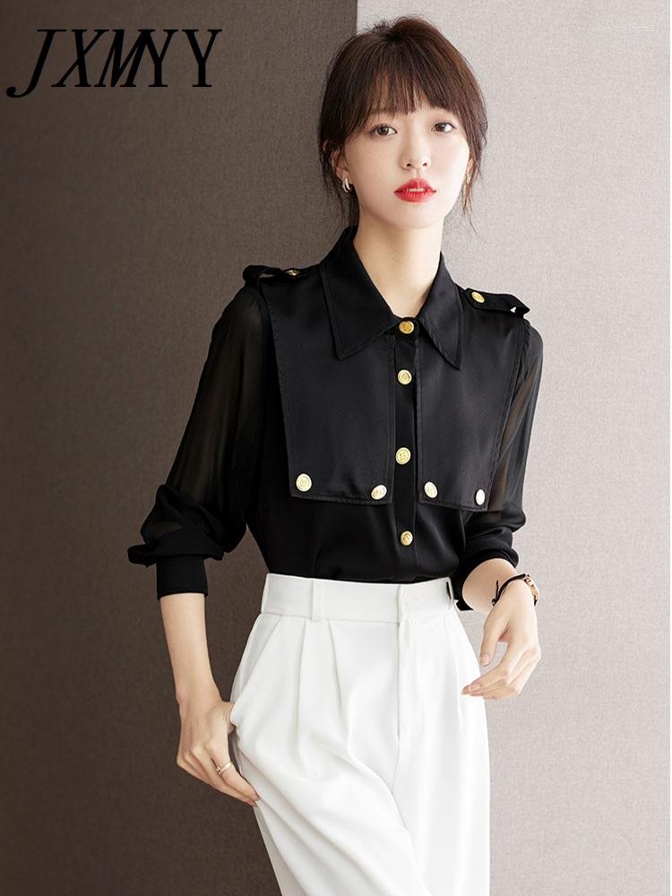 

Women' Blouses JXMYY 2023 Spring And Autumn Fashion Chic Women' Black Doll Collar Elegant Comfortable Shirt Top