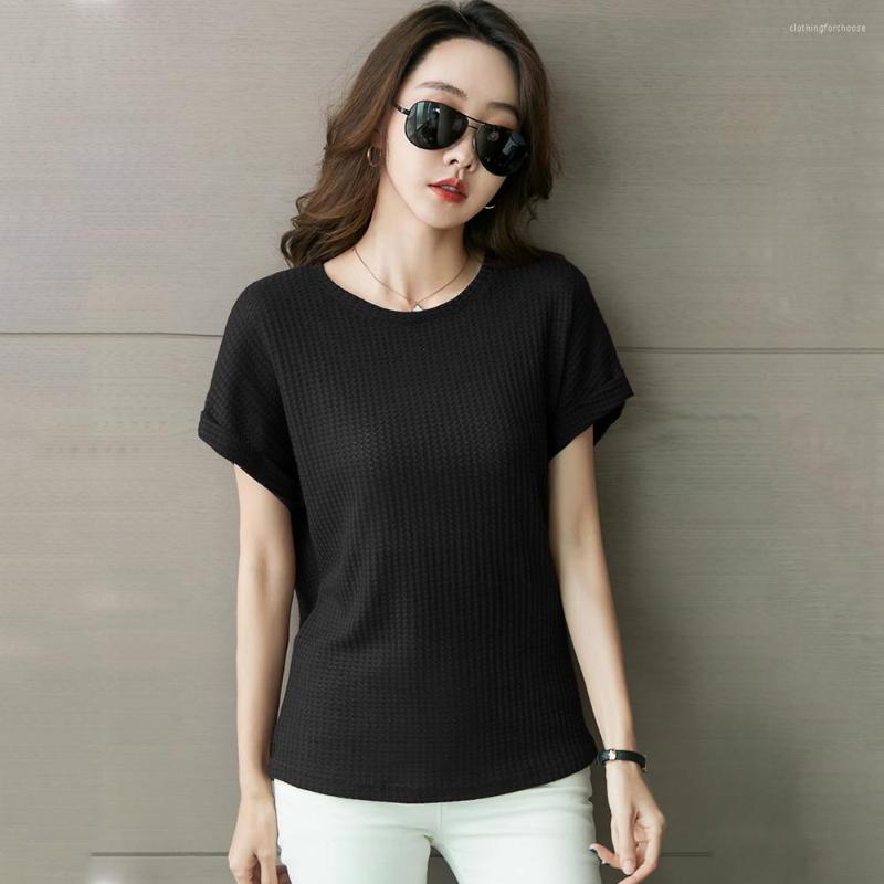 

Women' T Shirts Women Waffle T-shirt Summer Fashion O-Neck Batwing Sleeve Loose Tees Tops Casual Simplicity Short Black