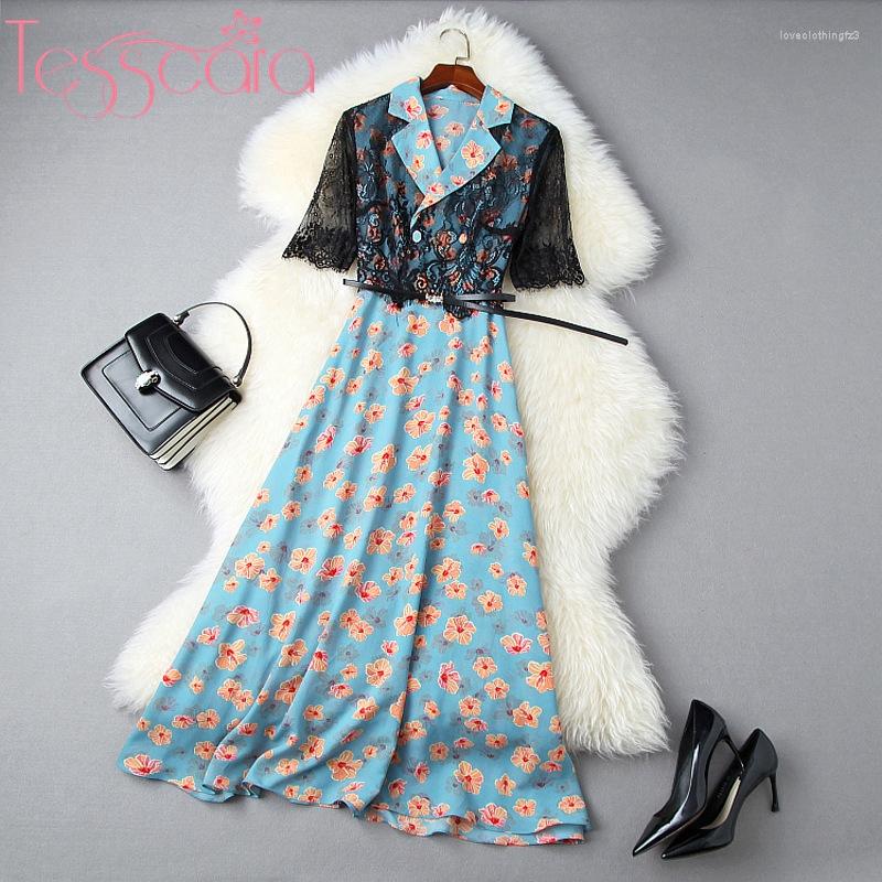 

Party Dresses TESSCARA Women Runway Designer Elegant Blazer Dress Festa High Quality Lace Patchwork Robe Femme Long Vintage Vestidos, Blue