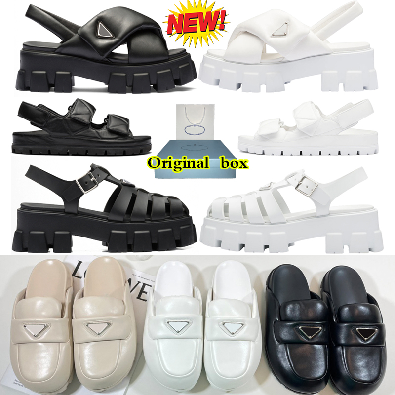 

with box wmoen Designer Sandals corc Foam Women Fashion heels Platform prad Slides Rubber runner Sandal Triangle Metal Slippers Retro Beach Loafers Round size 35-40, #6
