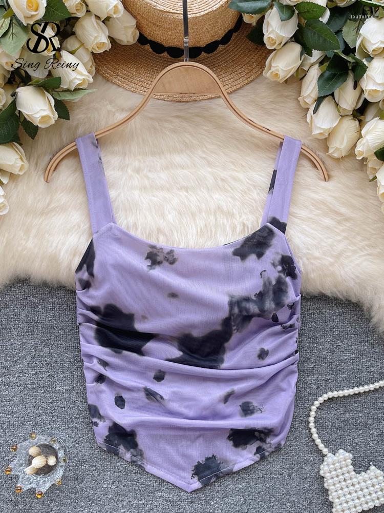 

Women's Tanks SINGREINY Tie Dye Mesh Retro Camis Fashion Backless Bandage Slim Women Short Tops Summer Irregular Streetwear Vacation, Blue