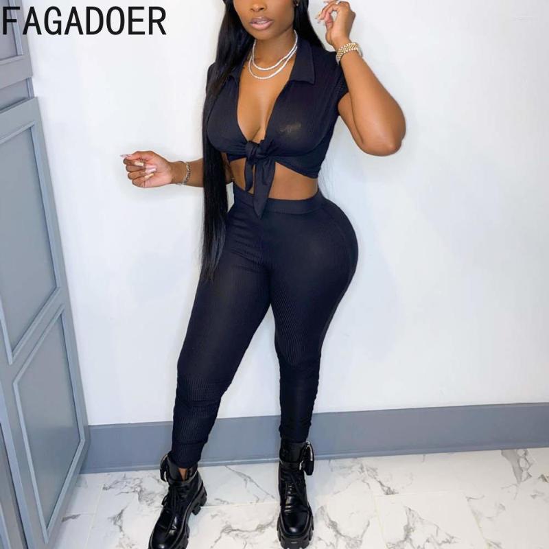 

Women's Two Piece Pants FAGADOER Casual Ribber Solid Color Outfits Women Bandage Short Sleeve Crop Top And Skinny Sexy Deep V Matching 2pcs, Pink