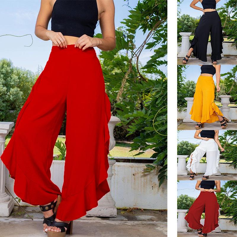 

Women's Pants Elegant Layered Ruffle Women Bohemian Fashion Solid Color Wide Leg Long Trousers Casual Loose Vacation Pantalones, Yellow
