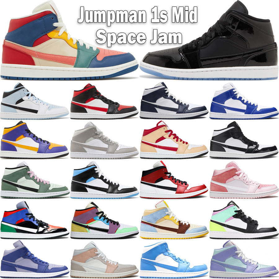 

1 Mid Men Women Basketball Shoes Jumpman 1S Leather Designer Space Jam Light Smoke Grey Diamond Fearless UNC Multi Patent Outdoor Sneakers Size 36-46, #22 white shadow