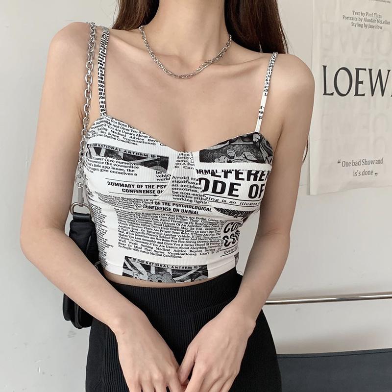 

Women' Tanks Spaper Print Vintage Y2k Corset Top Crop With Pad Luxury Designer Clothes Women Sweet Backless Camis Tees Fashion 2023, Black