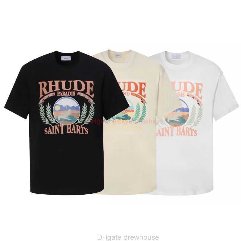

Designer Fashion Clothing Tees Tshirt High Quality Rhude Niche Trendy Brand Short Sleeved Sunset Beach Letter Print Loose Versatile Pure Cotton Round Neck Tshirt Co, Black