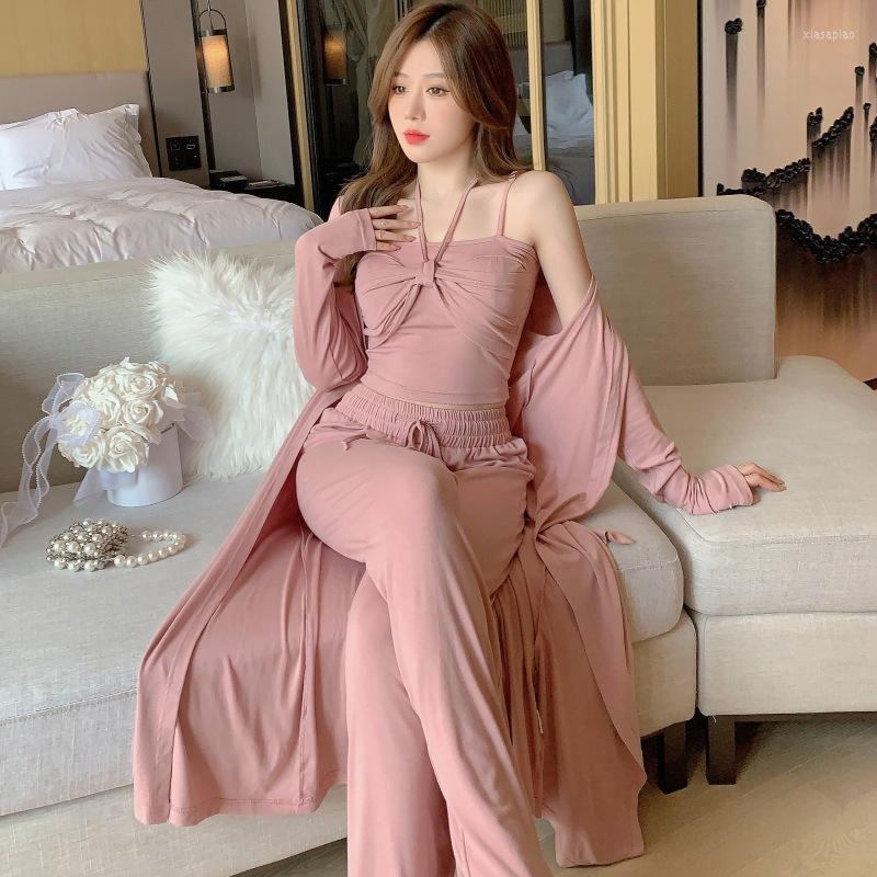 

Women's Sleepwear Modal Nightgown Kimono Robe Gown Suit With Pants Three Pieces Sleep Set Lady Pajamas Solid Color Summer Nightwear Home, Pink
