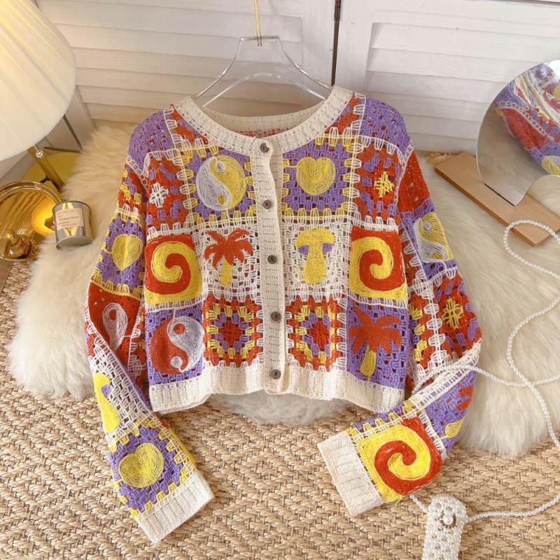 

Women's Knits Women's Vintage Hit Color Knitted Sunscreen Cardigan Long Sleeve Crochet Hollow Out Short Knitwear Single-Breasted Sweater, Green