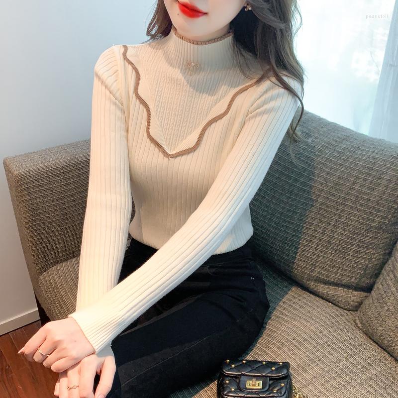 

Women's Sweaters Women's Solid Sweater Half Turtleneck Lace Spliced Pullovers Woman Long Sleeve Top Knitwear Sweet Korean Autumn Winter, Black