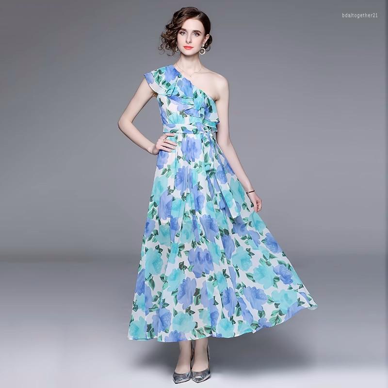 

Casual Dresses Summer Women Sexy One Shoulder Ruffles Beach Long Luxury Ladies Designer Flower Print Lace Up Belt Chiffon Maxi Dress, Picture color