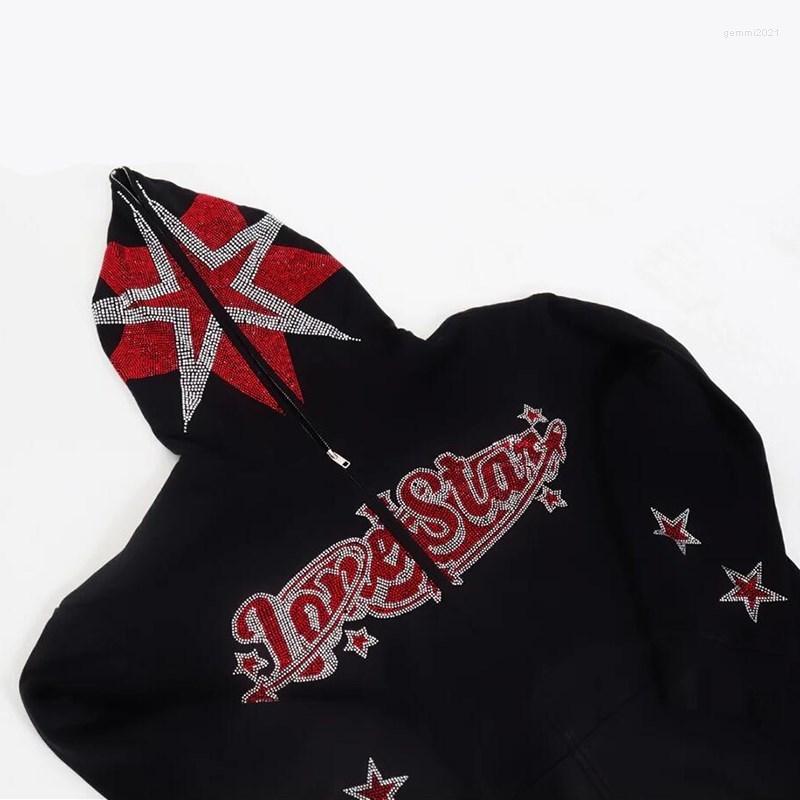 

Men's Hoodies Men's Sweatshirt Full Zip Hoodie Hip Hop Rhinestone Star Alphabet Hooded Jacket Oversize Women's Coat Y2K Clothes, Black