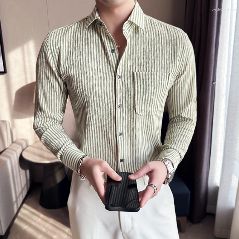 

Men's Casual Shirts Classics Striped Shirt For Men Long Sleeve Slim Fit Business Dress Fashion Social Streetwear Tops Clohing 2023, Blue