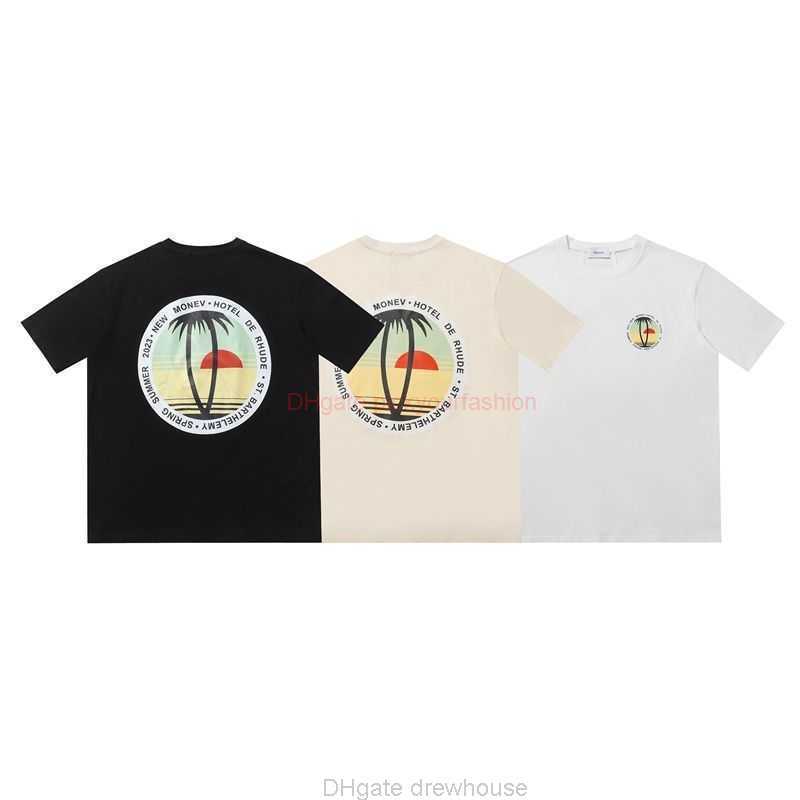 

Designer Fashion Clothing Tees Tshirt Rhude Sunset Coconut Tree Letter Printing Summer New Trend Small Style Casual Loose Round Neck Mens Womens Short Sleeve Tshirt, White