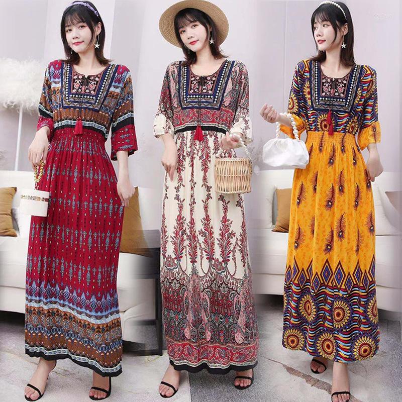 

Casual Dresses Dress For Women 2023 Cotton Vintage Ethnic Style High Waist Loose Swing Round Neck 5/4 Sleeve Beach Holiday Bohemian, Sky blue