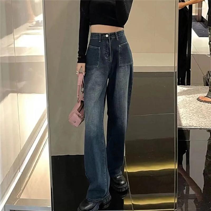 

Women' Jeans Women' Spring Summer Vintage Straight Leg Pants High Waist Washed Button Zipper Pocket Loose Trousers Female Clothing 445, Vintage blue