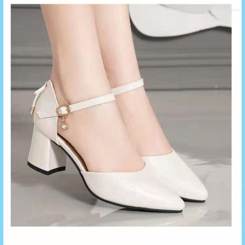 

Dress Shoes 2023 Solid Color Thick Heel Sandals Women's Summer All-match Fairy Style One Word Buckle Belt Net Red Fashion High Heels, Beige