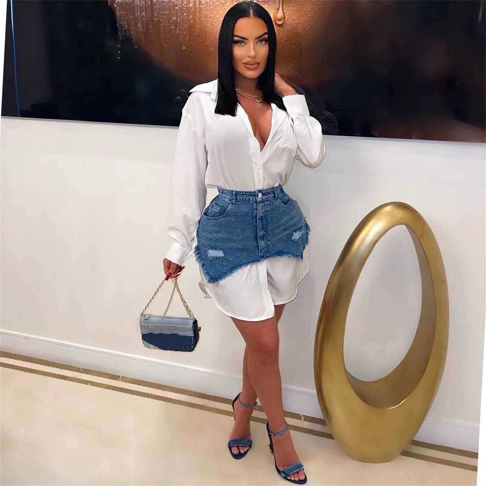 

Womens Dress Suit Spring Summer New Fashion Personality Denim Combination Dress Shirt Two Piece Set, Light blue