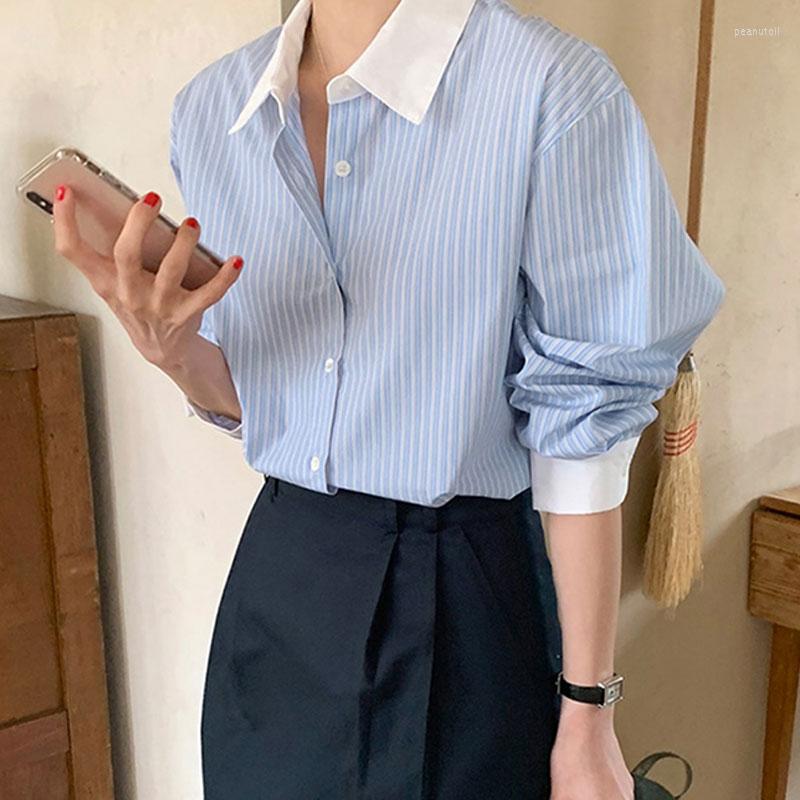

Women' Polos Long Sleeve Striped Shirt Women Spring Summer Casual Contrast Color Turndown Collar Chic Shirts Fashion Loose Office Ladies, Red