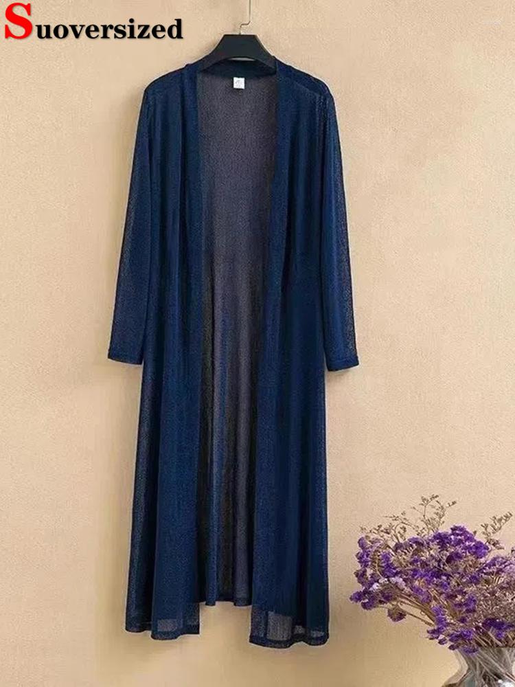 

Women's Jackets Ice Silk Sunscreen Elegant Mesh Shawl Coat Summer Oversize 5xl Korean Tops Solid Mid-length Casual Loose Thin Women Outwear, Royal blue
