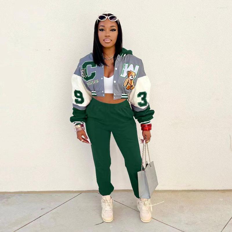 

Women' Two Piece Pants Y2k Baseball Varsity Bomber Jacket And Joggers Peice Set For Women Matching Sets, Black