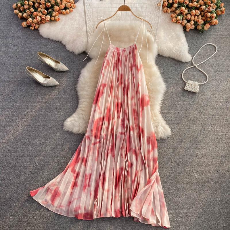 

Casual Dresses Women' Beach Fashion Summer Sleeveless Dress Woman Clothes Sexy Elegant Backless Printed Pleated Vestidos, Red