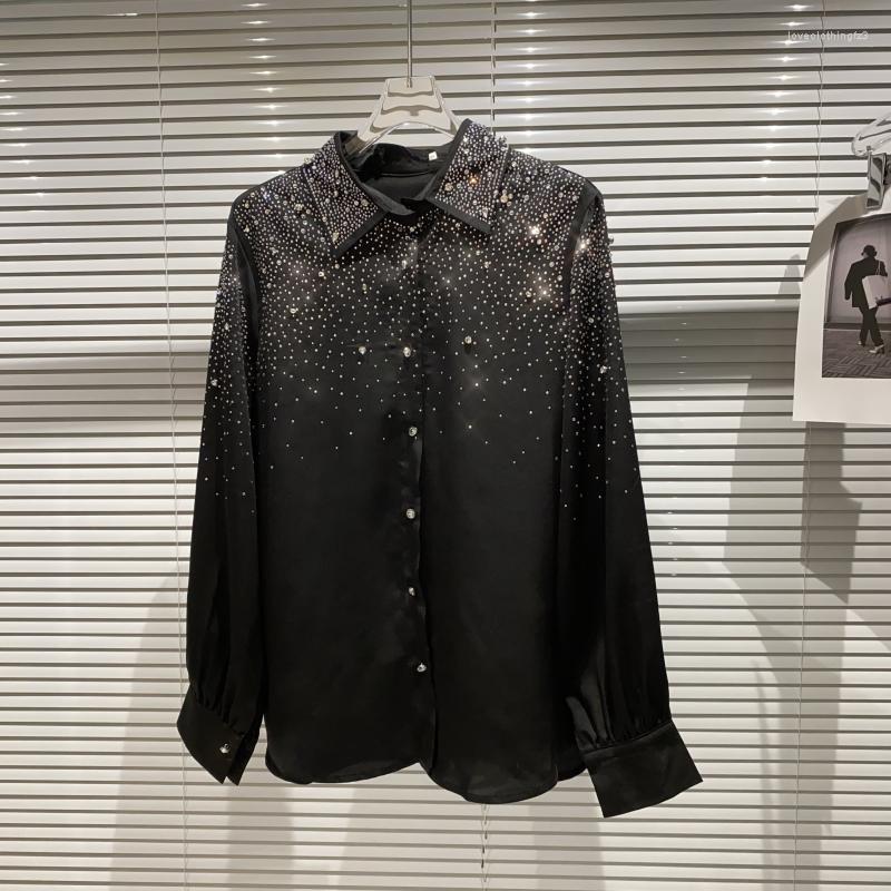 

Women' Blouses Fashion Rhinestone Gradient Diamond White Black Mercerized Shirt Woman Q60