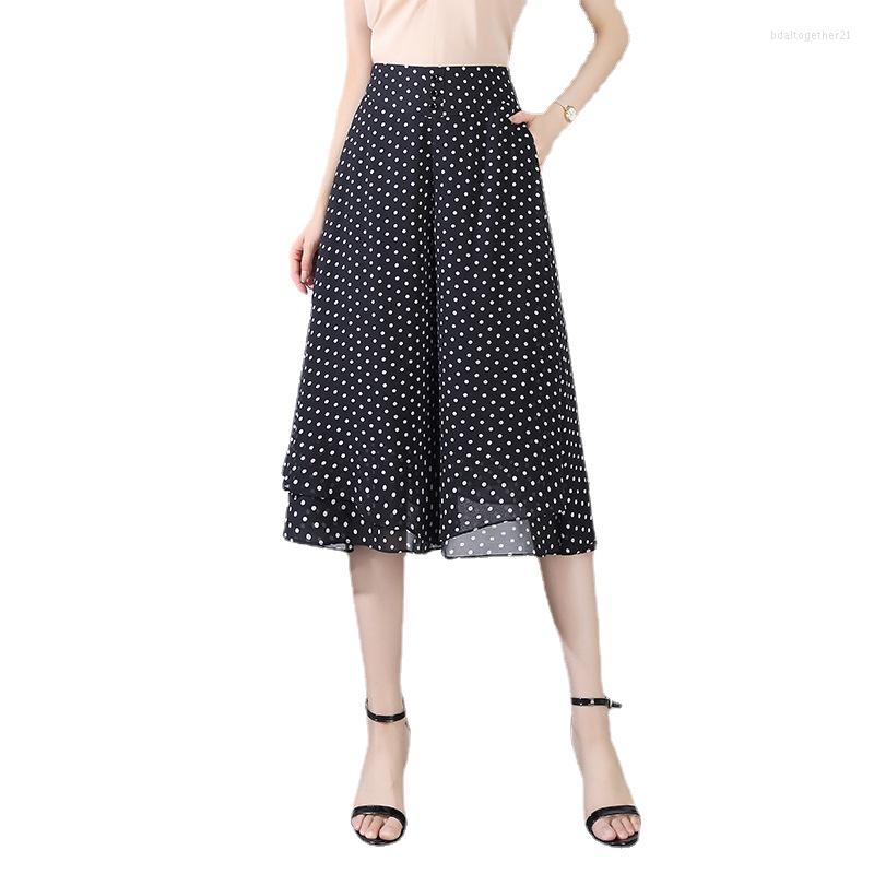 

Women's Pants Polka-dot Chiffon Culottes Women's 2023 Summer Thin Section Fashion Elastic Waist Loose Casual Seven-point Wide-leg, Black