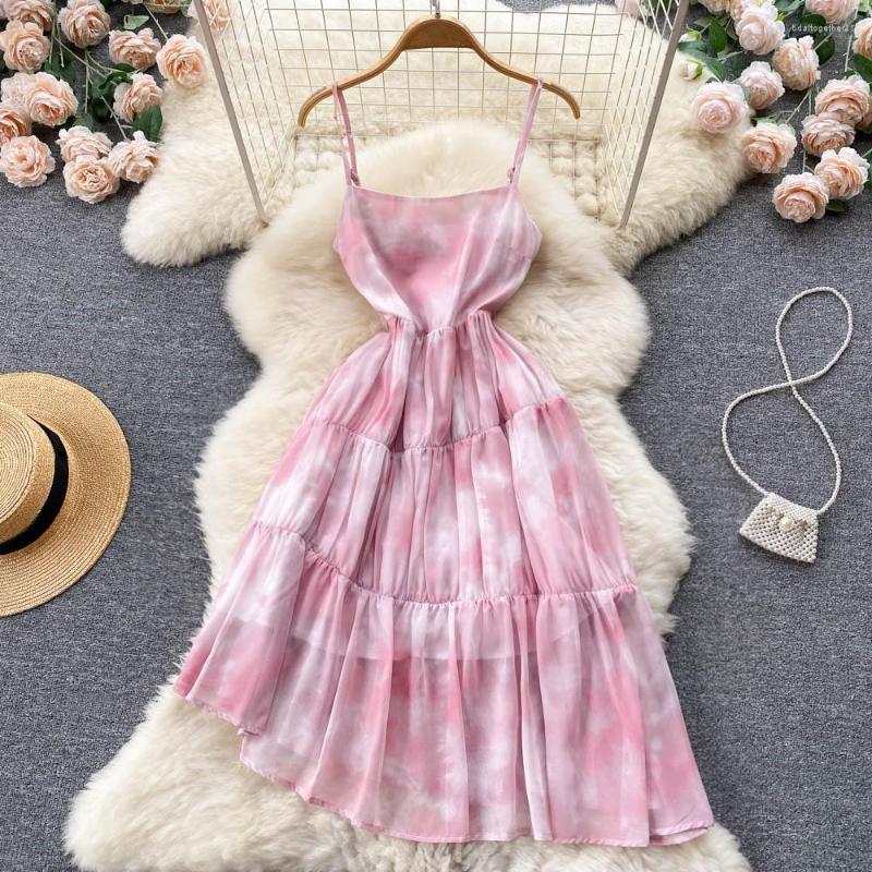 

Casual Dresses Summer Spaghetti Strap Women Dress Sexy Backless Irregular Big Swing Beach Style Temperament A-Line Frock, Pink