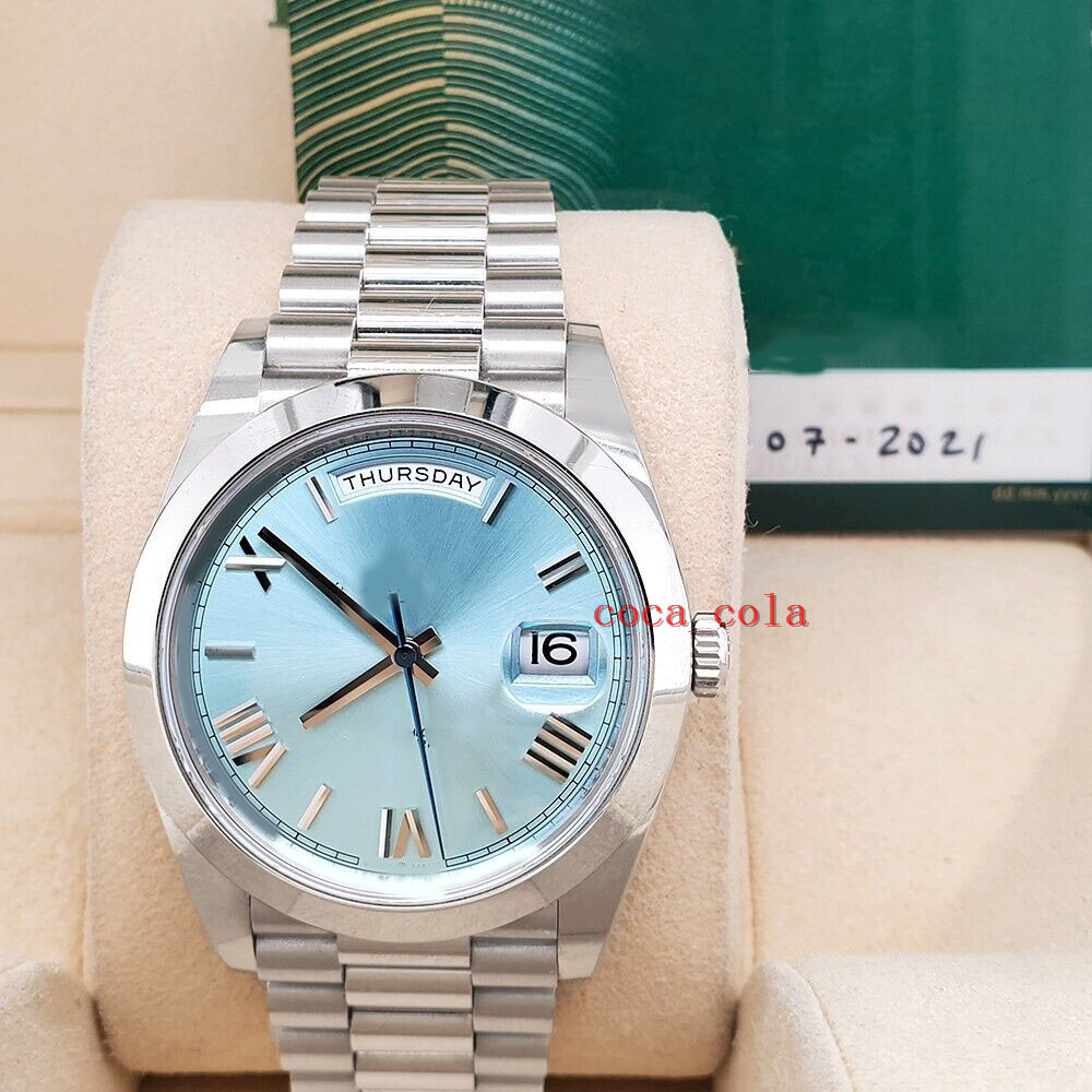 

new 228206 40mm Ice Blue Roman Platinum Watch Box Papers WATCH Movement 904l Automatic Mens Bracelet waterproof Men's Watches