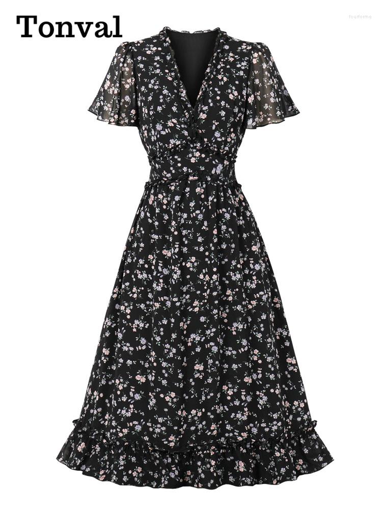 

Party Dresses Tonval V-Neck Elegant Floral Chiffon Beach Long Dress Women Short Sleeve Summer 2023 Evening Ladies Casual Midi, Black