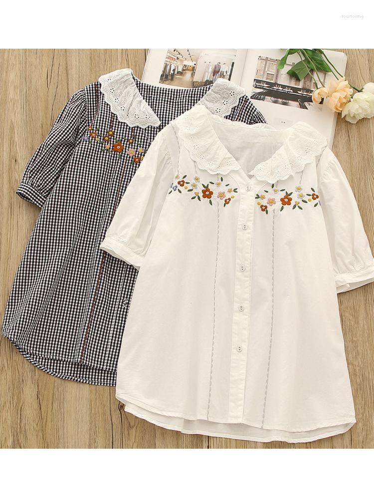 

Women's Blouses Lamtrip Floral Embroidery Striped Short Sleeve Shirt Cotton Blouse 2023 Summer Mori Girl, White