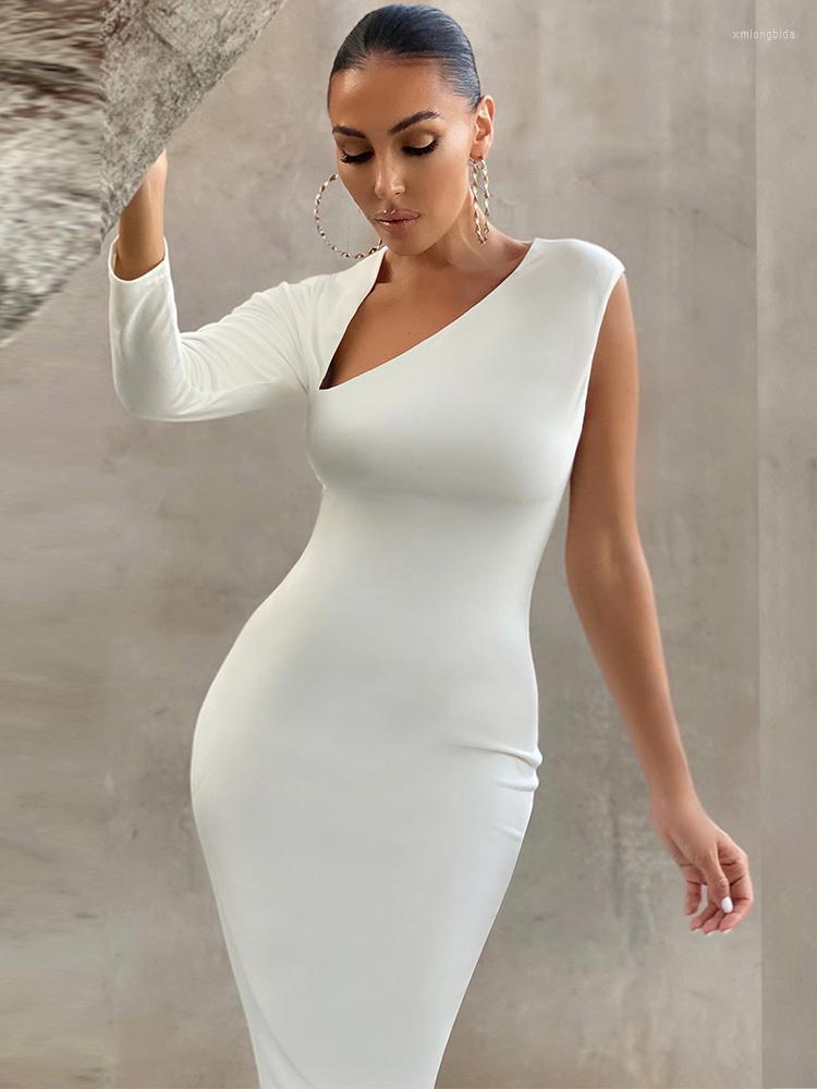 

Casual Dresses Fashion Cut Out Bandage Dress Women Sexy One Shoulder Midi Bodycon 2023 White Long Sleeve Party Club Outfits Winter, Black