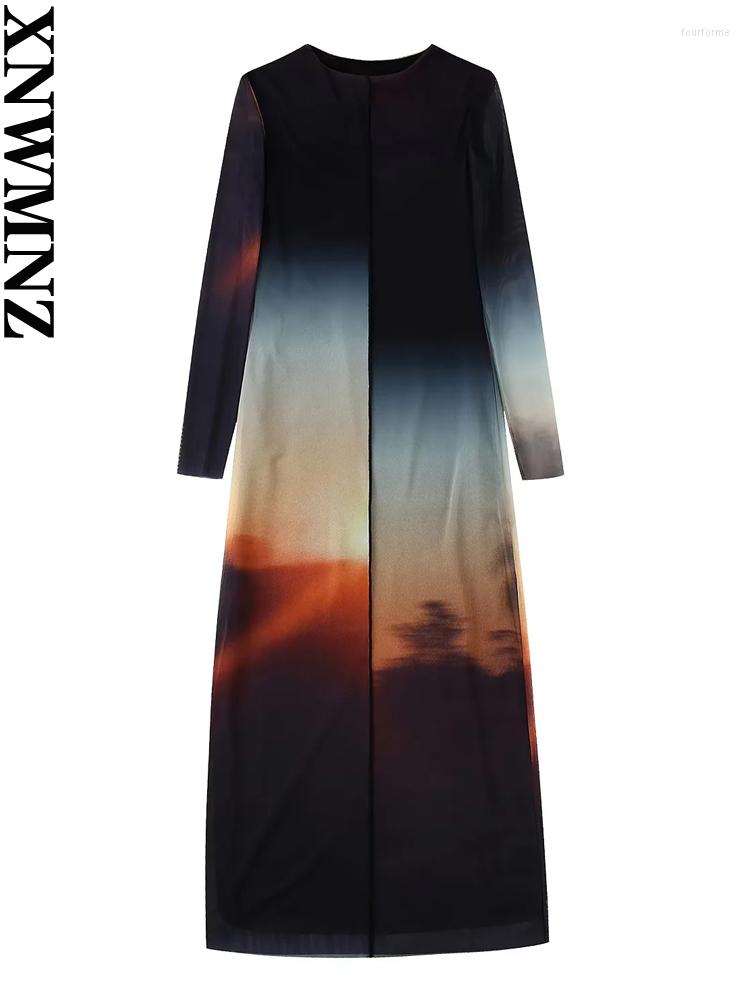 

Casual Dresses XNWMNZ 2023 Women's Fashion Printed Tulle Dress Woman Vintage O Neck Long Sleeve Lined Female Chic Midi, Picture color