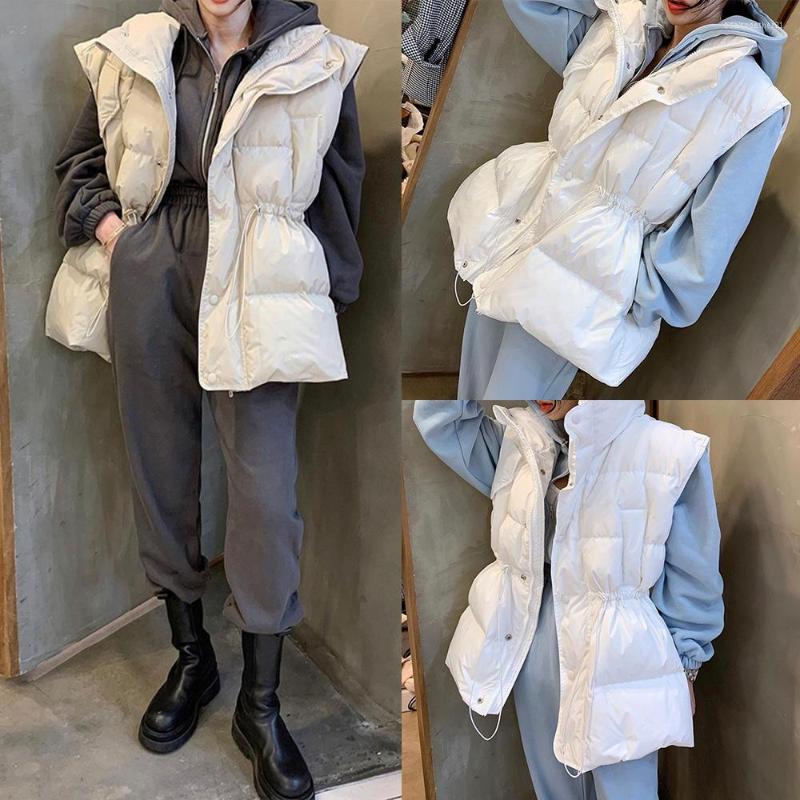 

Women's Vests Chic South Korea Autumn And Winter Retro Pure Color Stand Collar Rope Waist 2 Wear Loose Bread Clothing Warm Cotton Vest Tide, Khaki