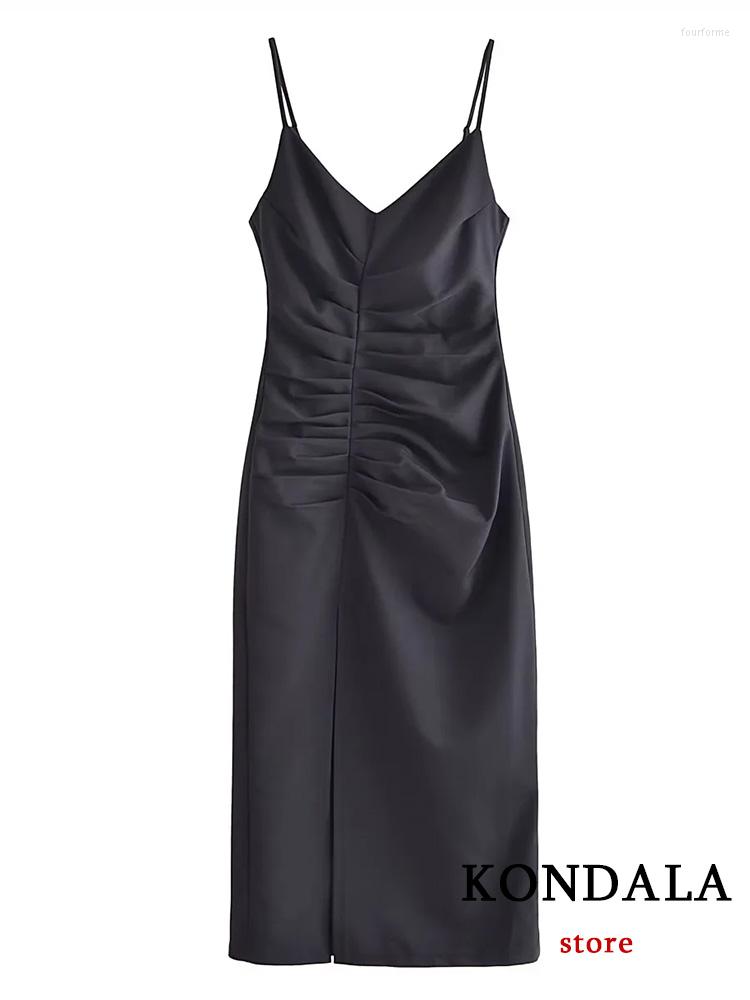 

Casual Dresses KONDALA Sexy Women Party Dress Black Solid Zipper Backless Pleated Long Fashion 2023 Spring Summer Sheath Elegant, As-picture