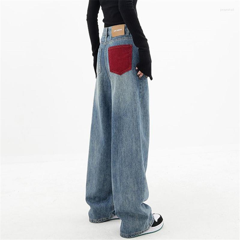 

Women' Jeans Female Y2K Contrast Color High Waist Button Stitching Straight Leg Pants Loose Trousers Spring Autumn Women' Clothing 642, Blue