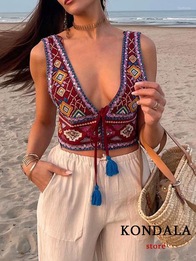 

Women's Vests KONDALA Vintage Embroidery Vest Jackets Women V Neck Tie Up Sleeveless Tops Fashion 2023 Summer National Style Cardigan, As-picture
