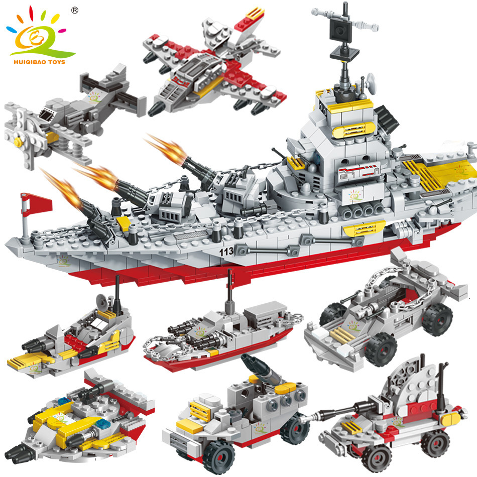 

Blocks HUIQIBAO Military 910pcs 8 IN 1 Army Ocean Cruiser Warship Building Blocks Aircraft Weapon Ship Bricks City Toys for Children 230605