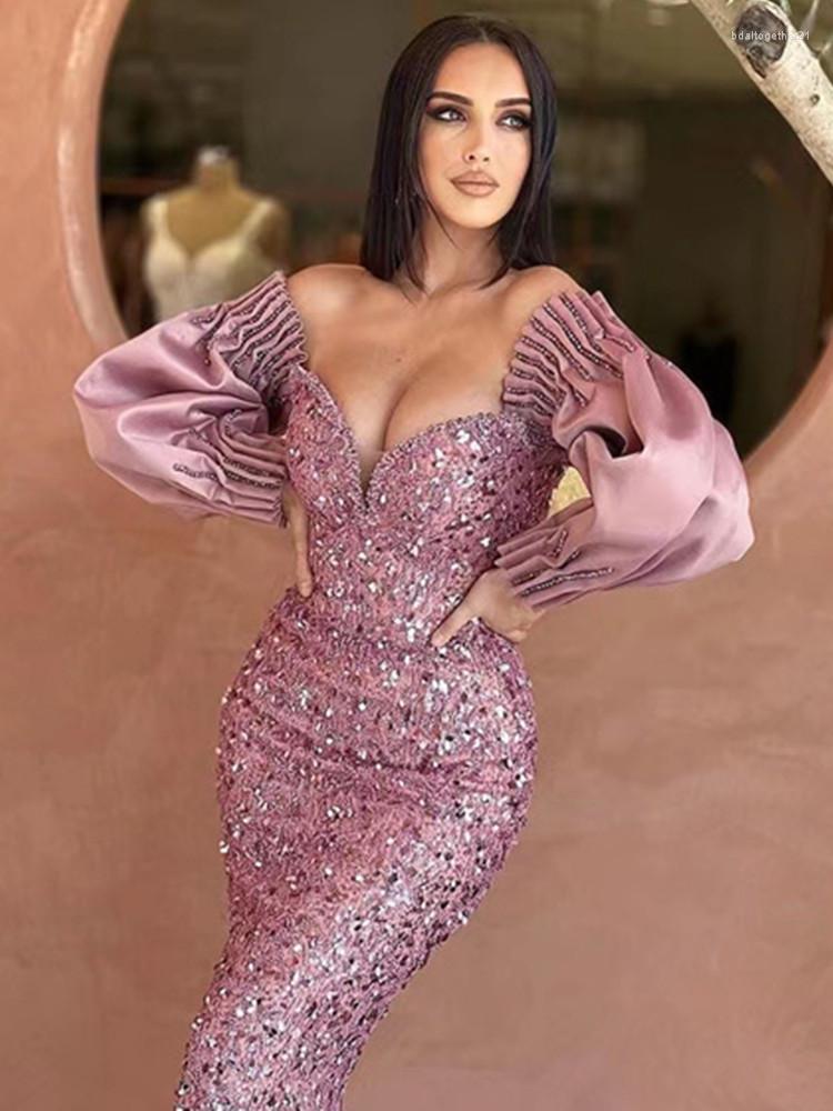 

Casual Dresses Women Winter Sexy Off Shoulder Draped Mesh Sequins Pearl Mermaid Maxi Long Bodycon Dress 2023 Elegant Evening Party Club, Pink