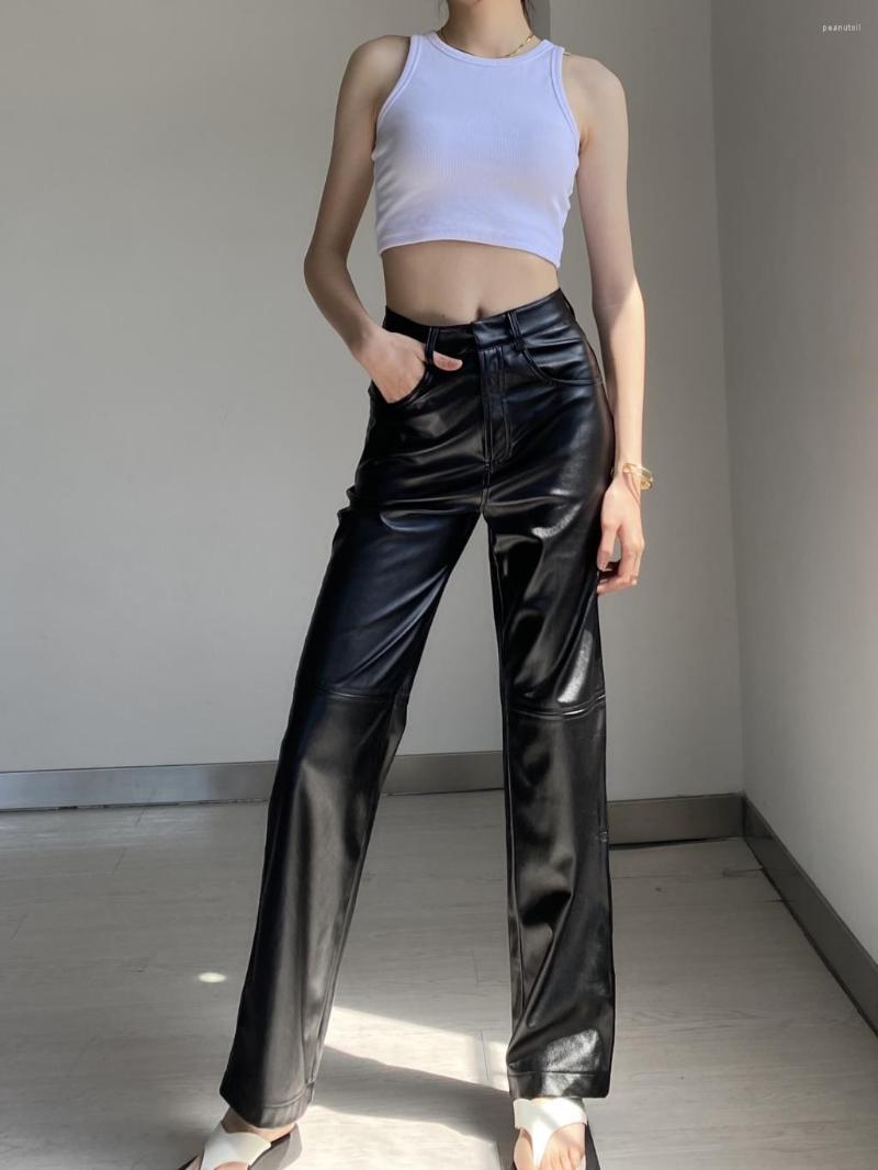 

Women's Pants Women's Leather 2023 PU High Waisted Straight Leg Black Baggy Wide