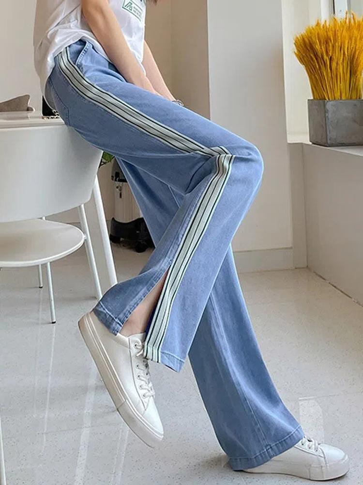 

Women' Jeans Zoki Harajuku Striped Slit Wide Leg Denim Pants Women Summer Thin High Waist Baggy Fashion Lace Up Female Casual Trousers, Blue