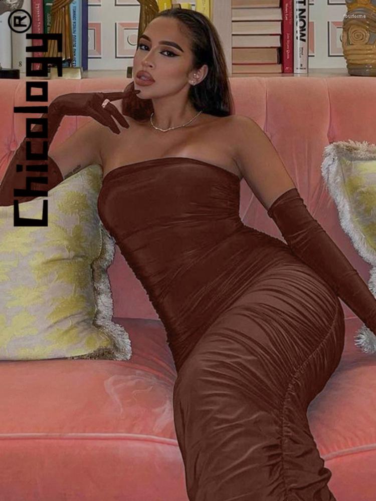 

Casual Dresses Chicology 2023 Women Strapless Ruched Bodycon With Gloves Maxi Dress Party Club Festival Streetwear Summer Clothes For, Coffee