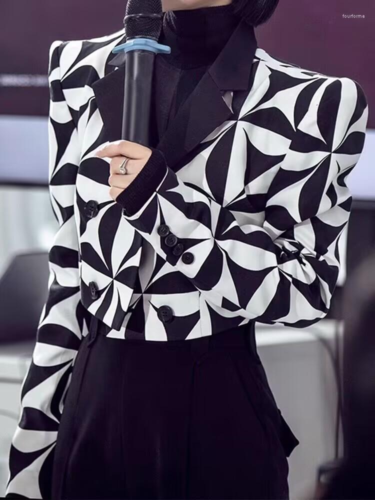 

Women' Jackets HIGH STREET Fashion 2023 Designer Stylish Jacket Black White Color Block Printed Short